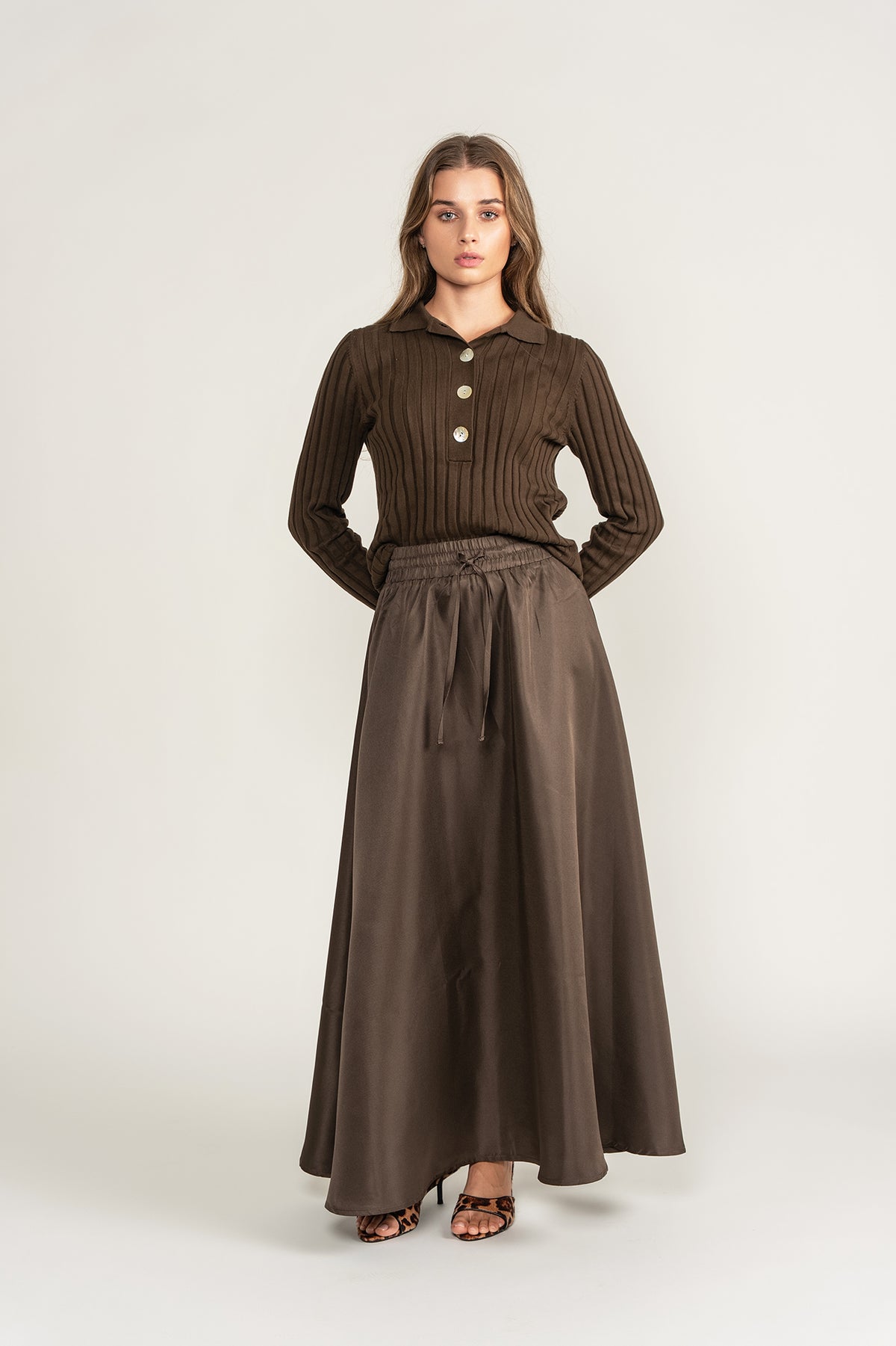 Ribbed Polo Sweater - Brown