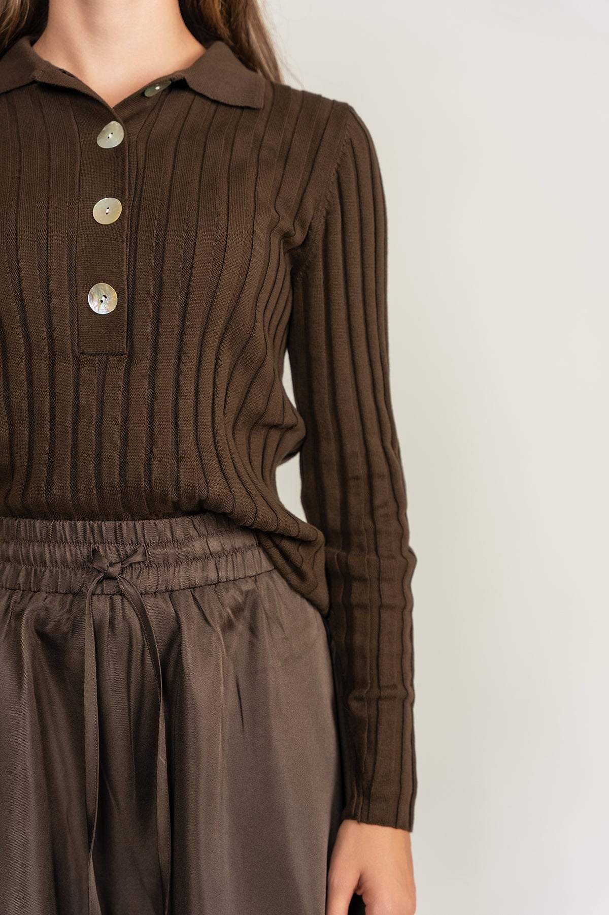 Ribbed Polo Sweater - Brown