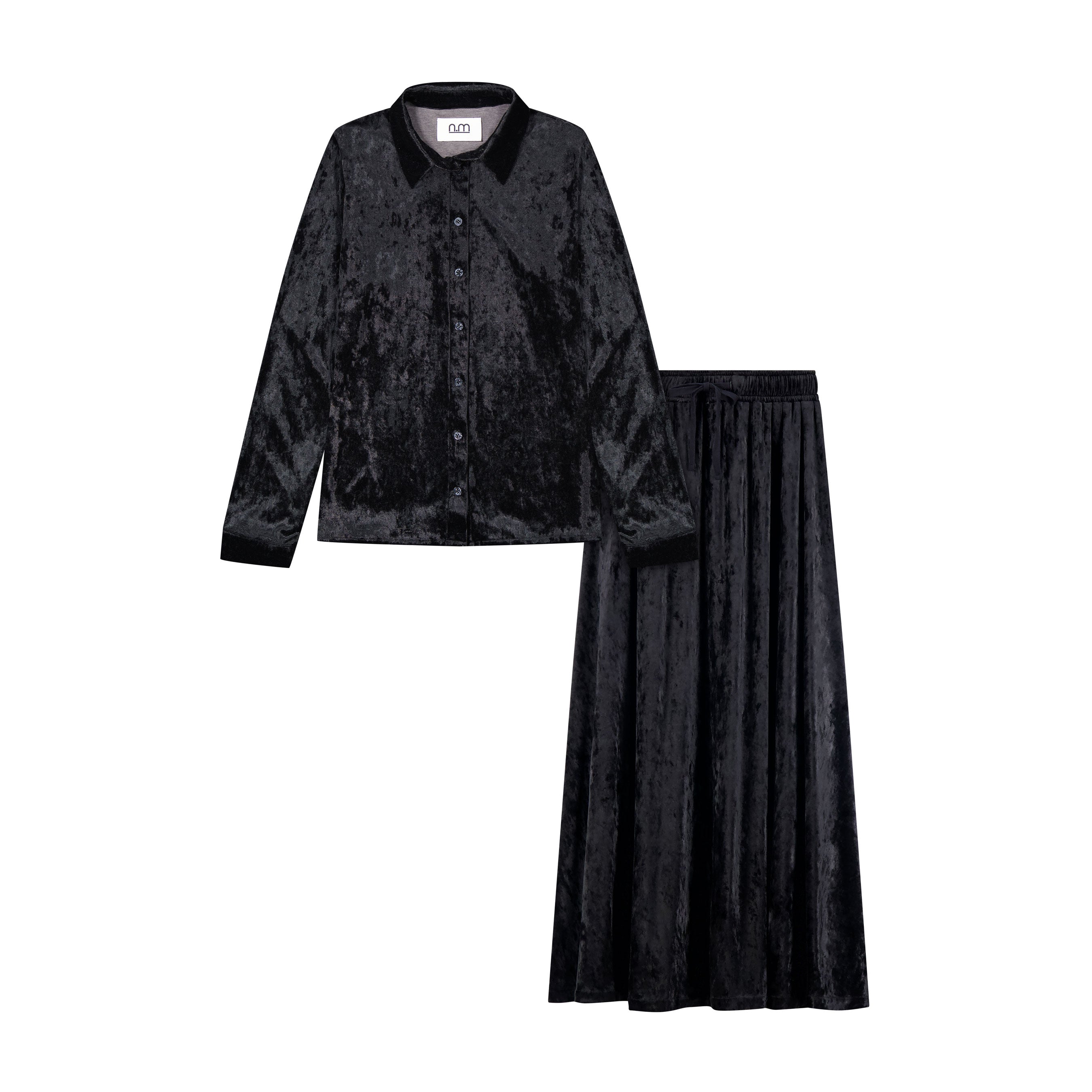 Crushed Velvet Button Down Set - Black