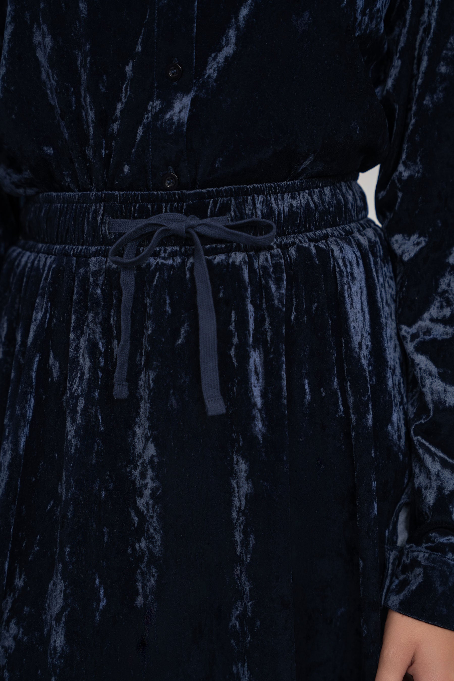 Crushed Velvet Button Down Set - Navy
