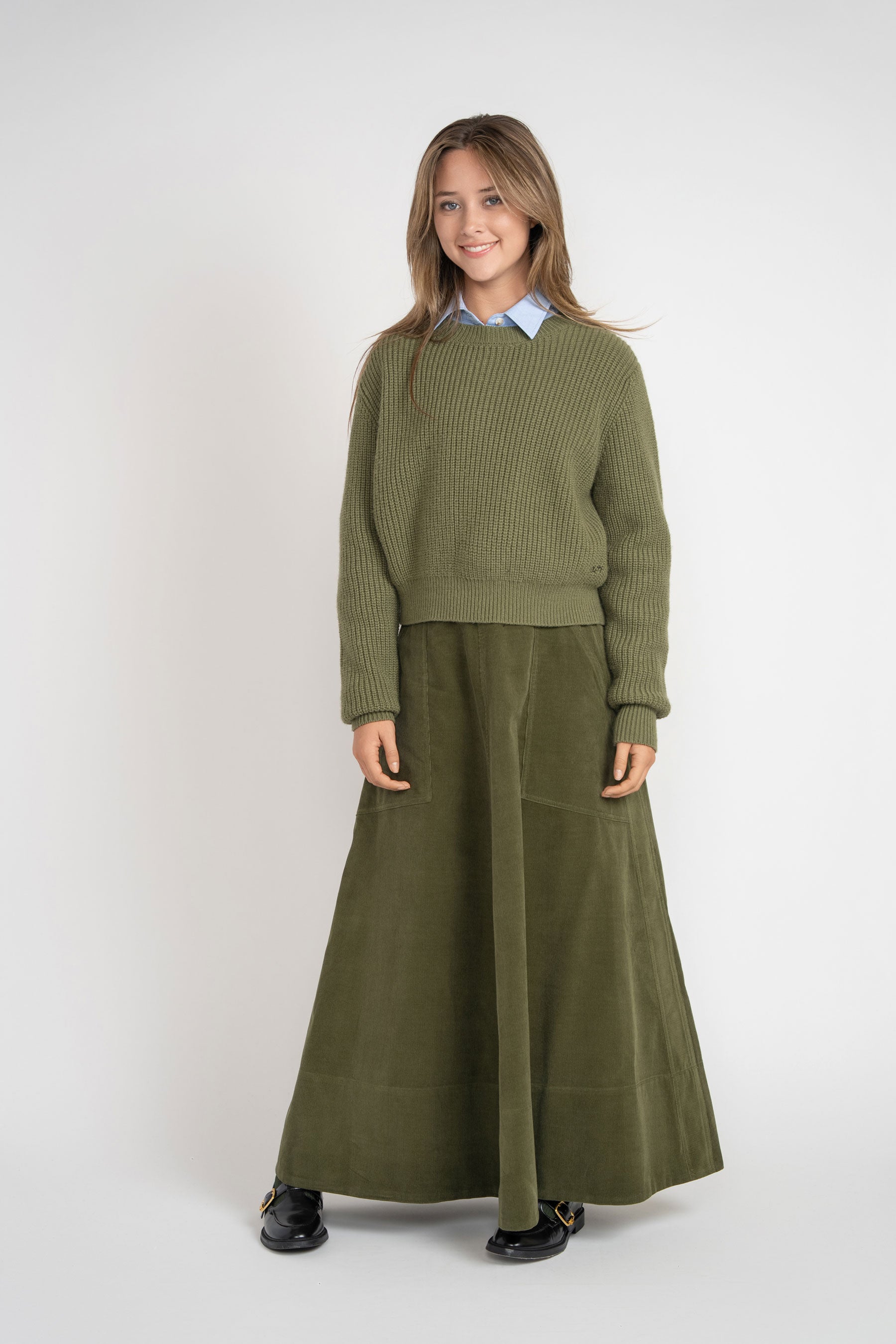 Corduroy Skirt With Big Pockets - Green