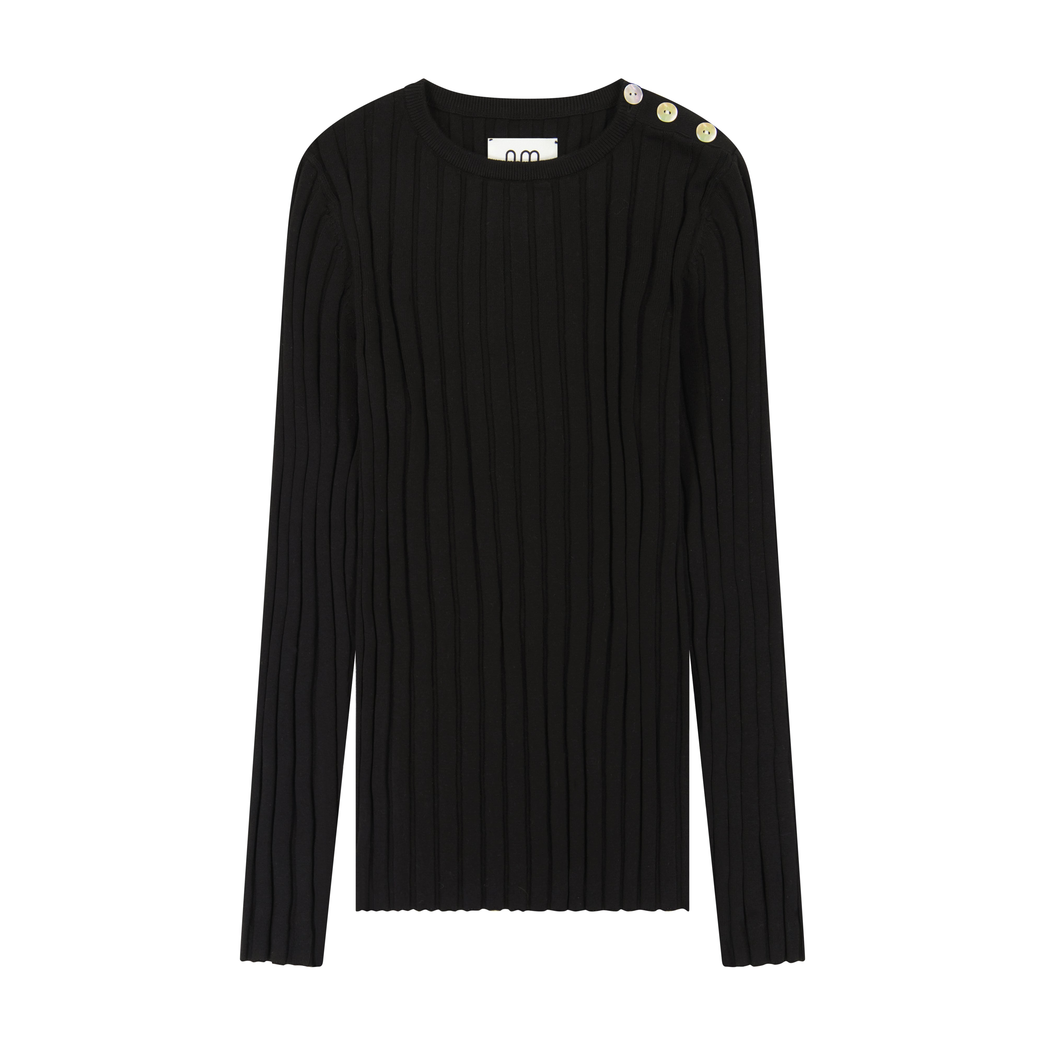 Ribbed Buttoned Crewneck - Black