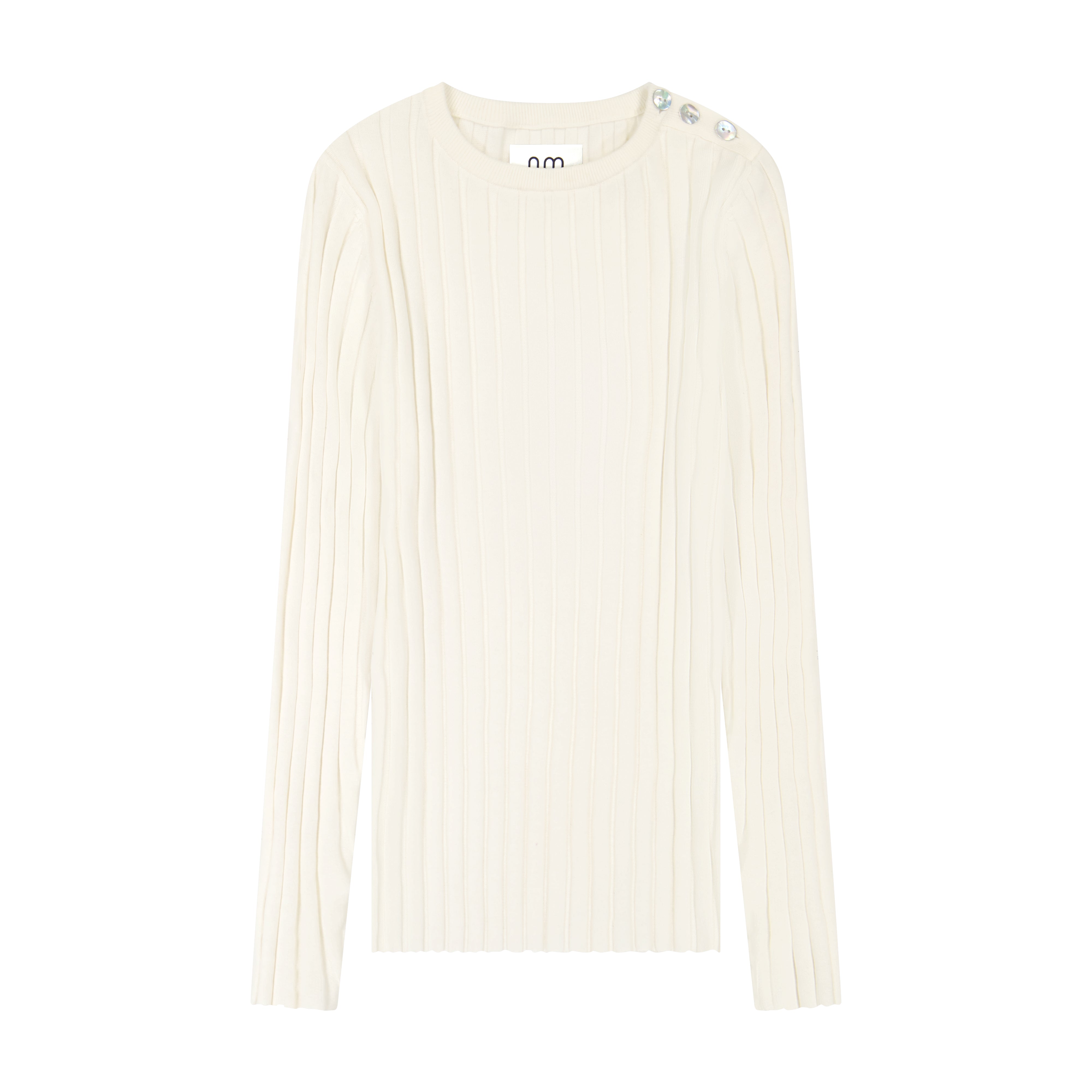Ribbed Buttoned Crewneck - White