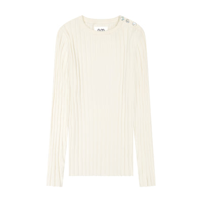 Ribbed Buttoned Crewneck - White