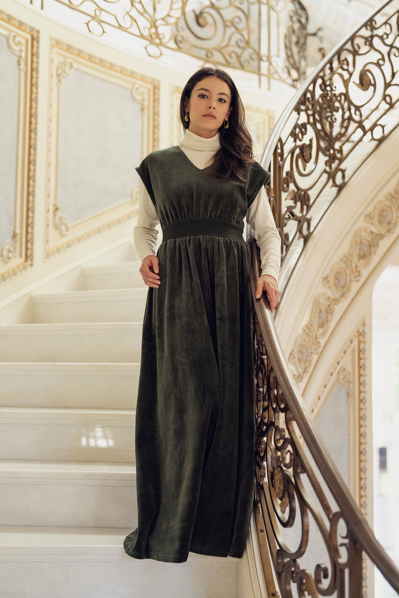 Velour V Neck Maxi - Green