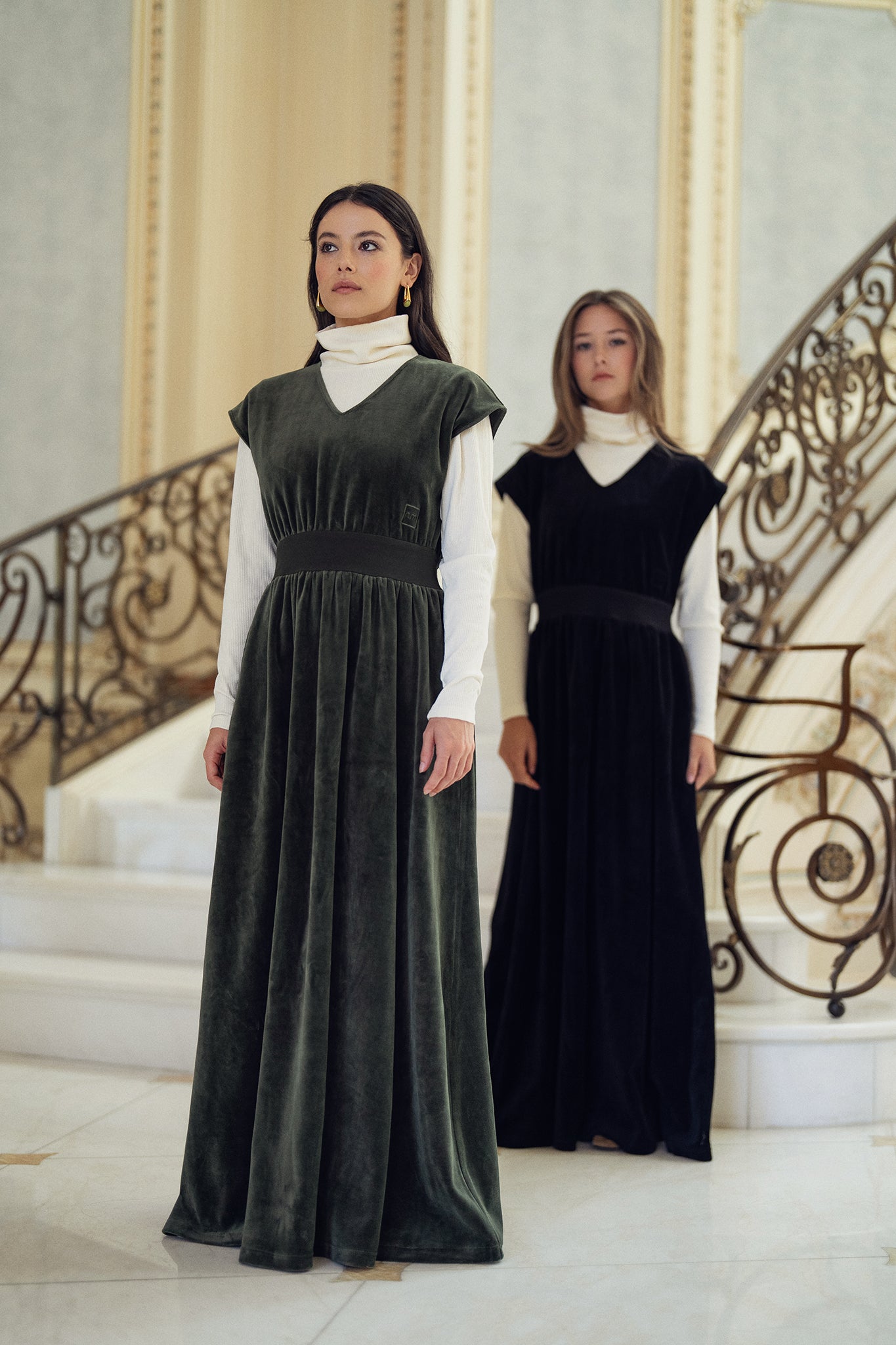 Velour V Neck Maxi - Green