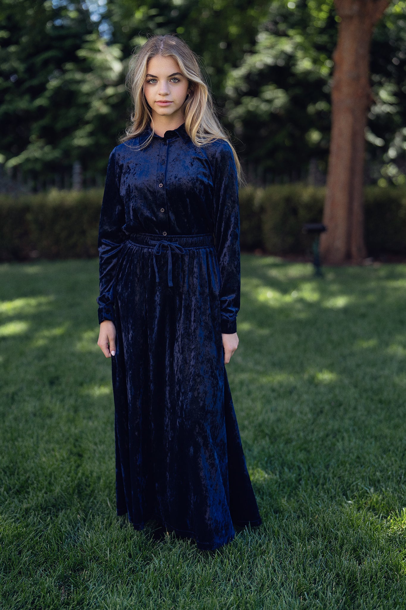 Crushed Velvet Button Down Set - Navy