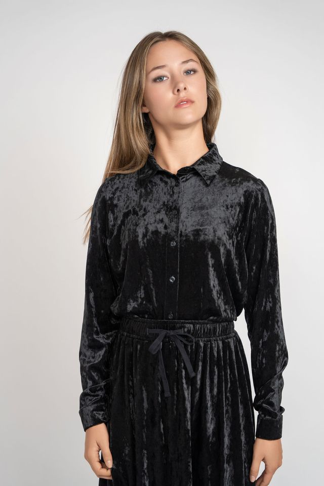 Crushed Velvet Button Down Set - Black - shopndotm - Young Adult/Women Clothing