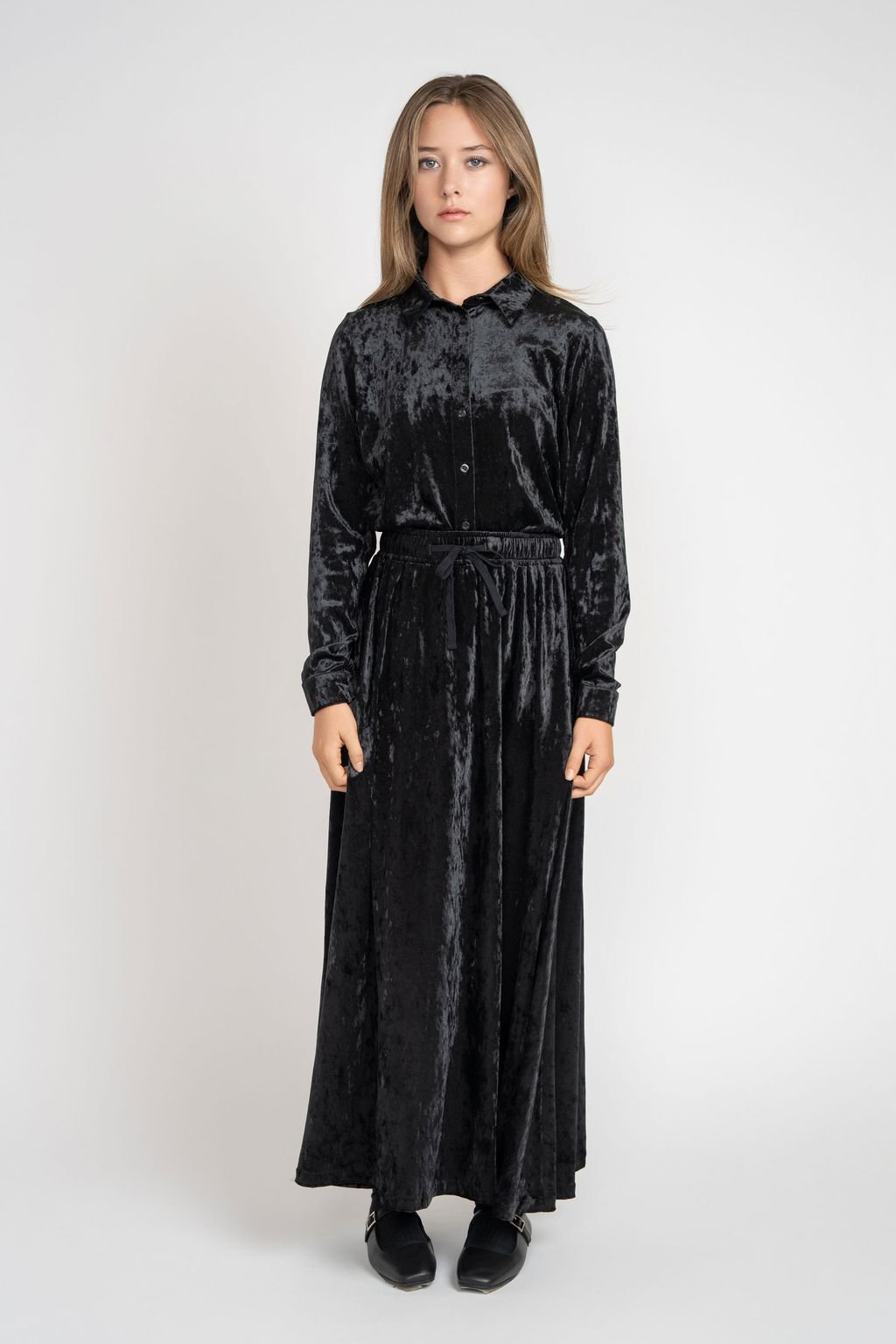 Crushed Velvet Button Down Set - Black - shopndotm - Young Adult/Women Clothing