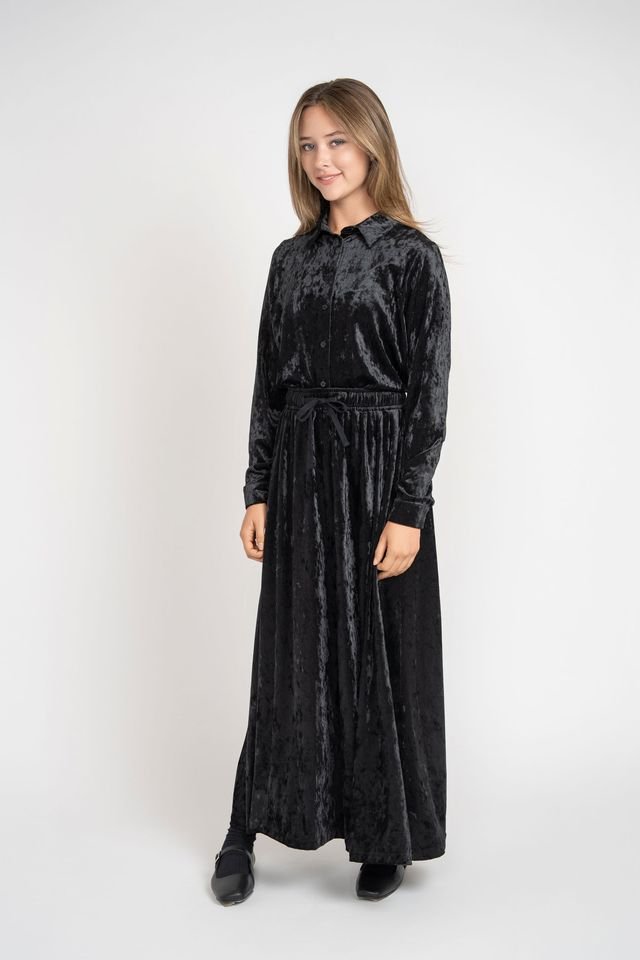 Crushed Velvet Button Down Set - Black - shopndotm - Young Adult/Women Clothing