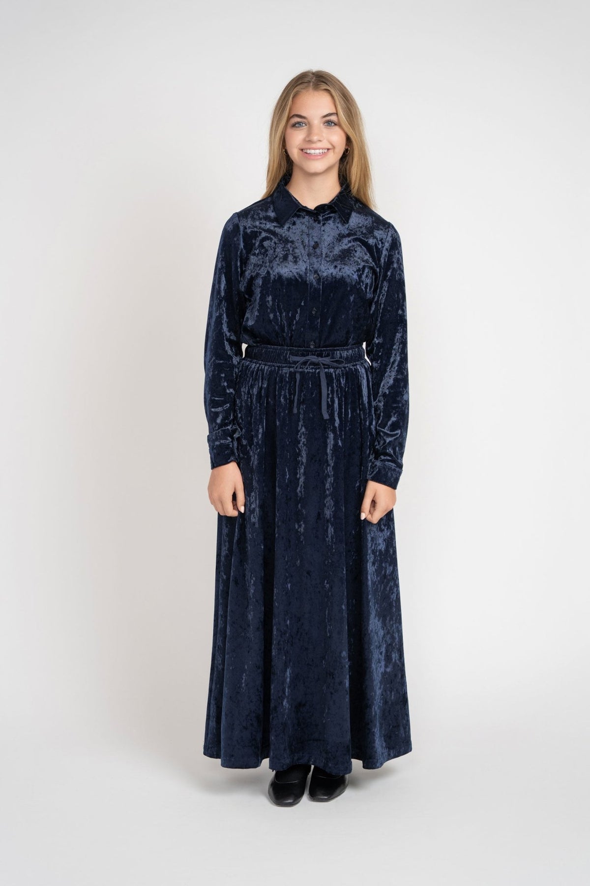 Crushed Velvet Button Down Set - Navy - shopndotm - Young Adult/Women Clothing