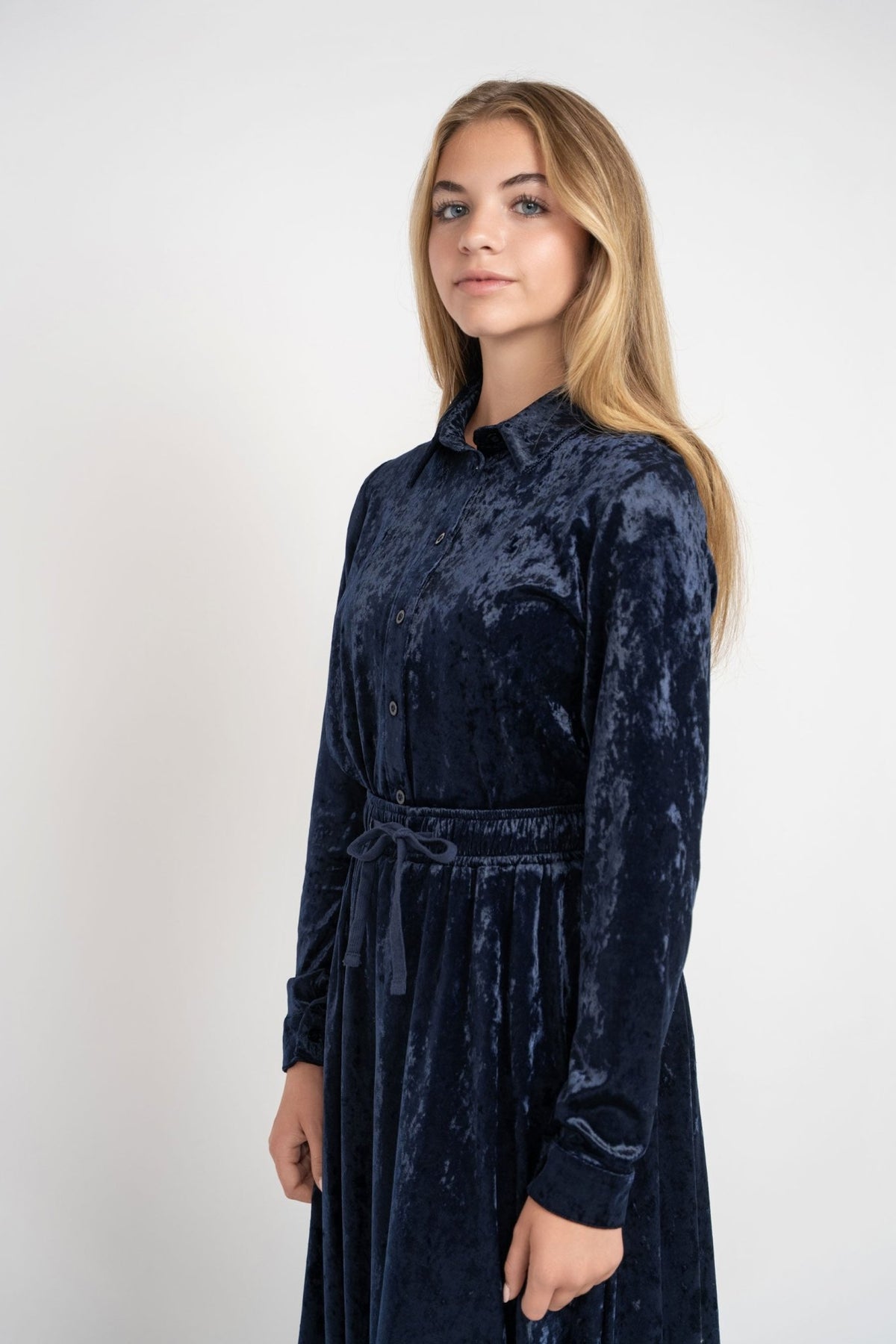 Crushed Velvet Button Down Set - Navy - shopndotm - Young Adult/Women Clothing