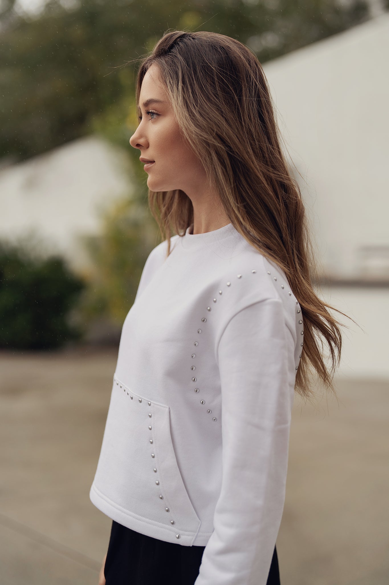 Studded Sweatshirt - White - shopndotm - Teen Clothing