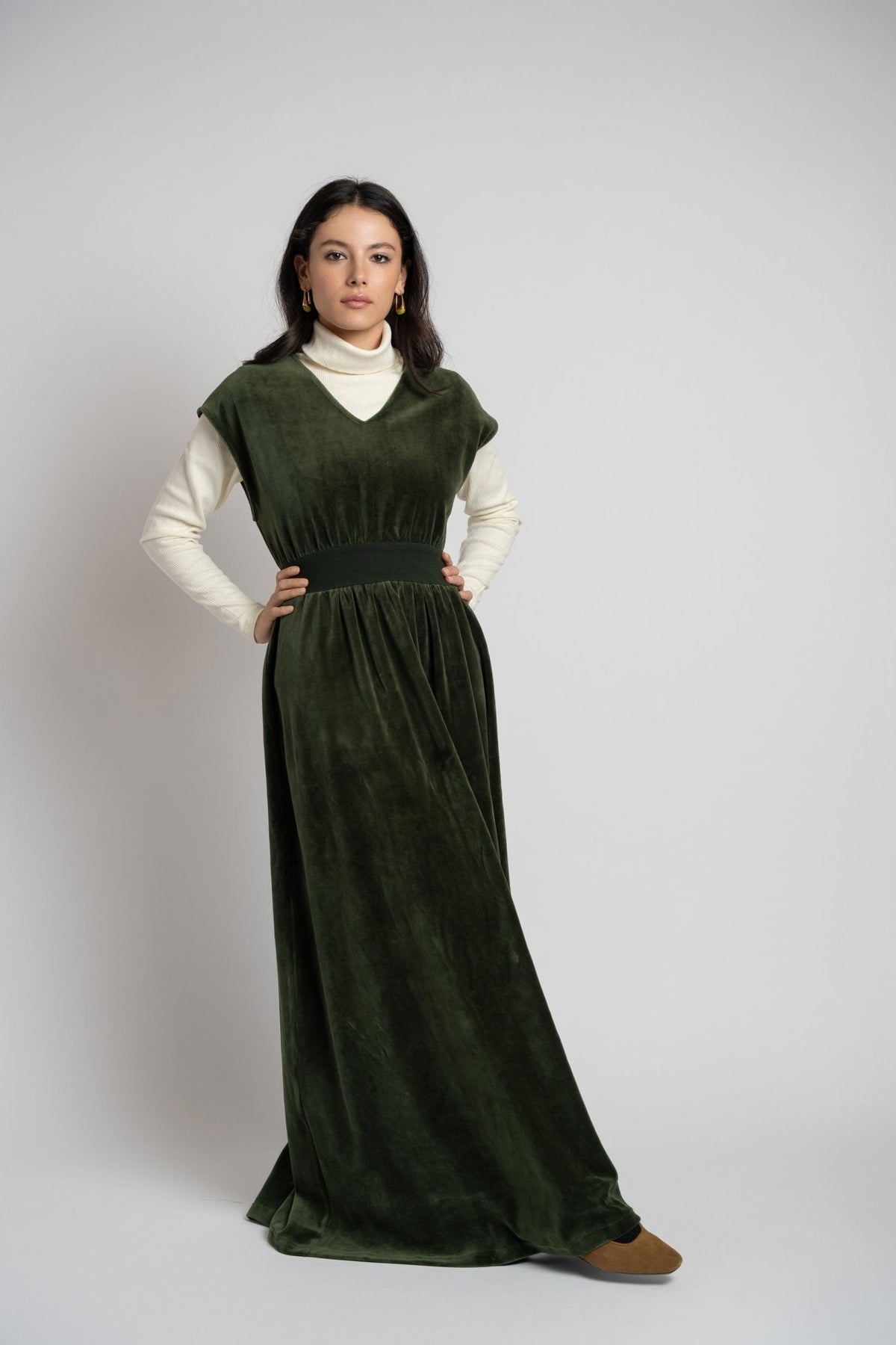 Velour V Neck Maxi - Green - shopndotm - Young Adult/Women Clothing